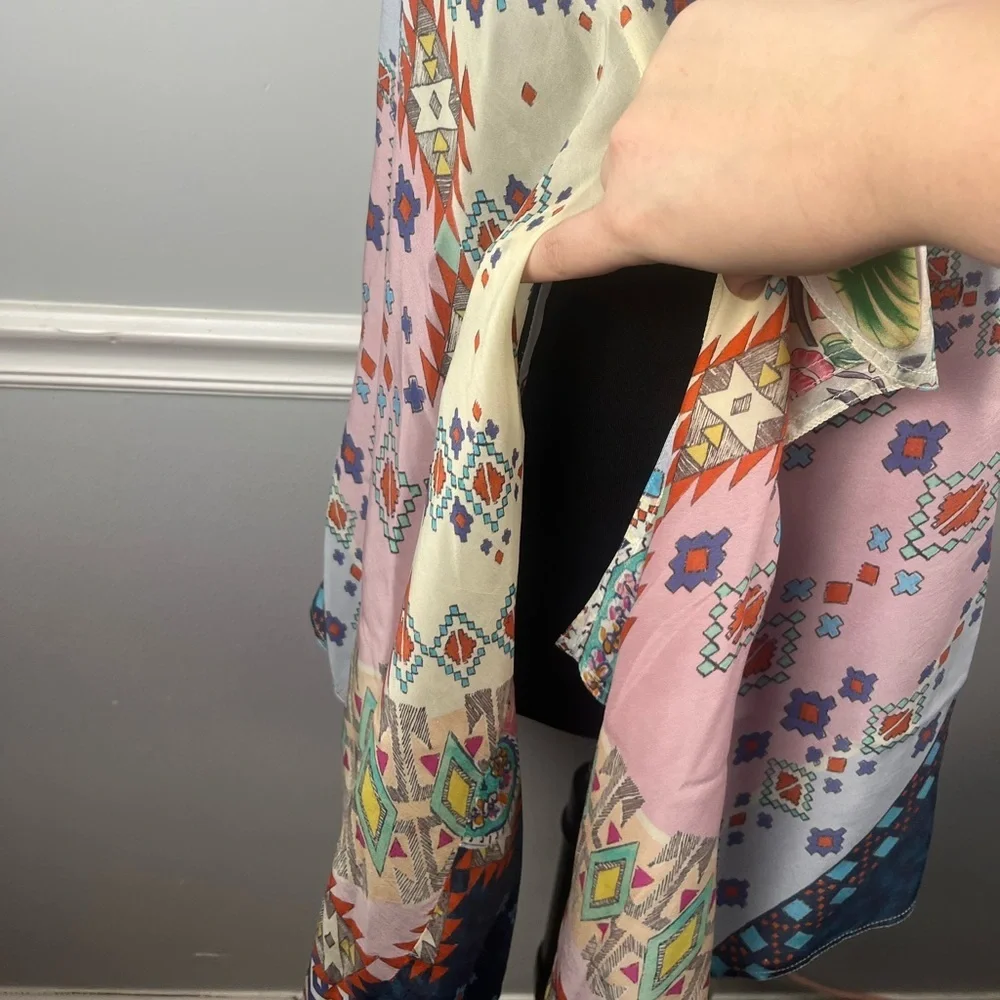 Johnny Was multi color tunic sheer tie blouse size XS